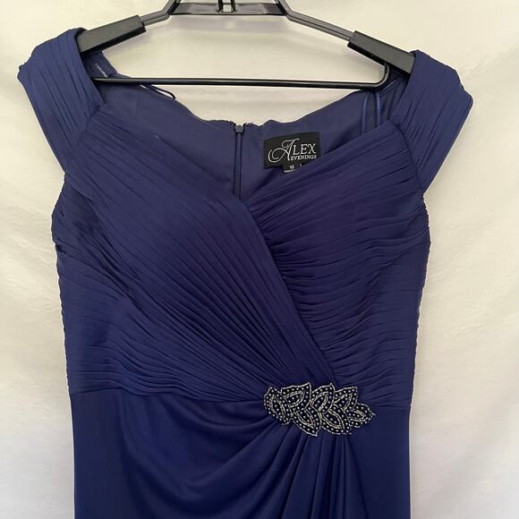 ALEX EVENINGS Off Shoulder Full Length Dress Sz 10 Navy Bling Ruching Dark Fairy - Picture 11 of 15